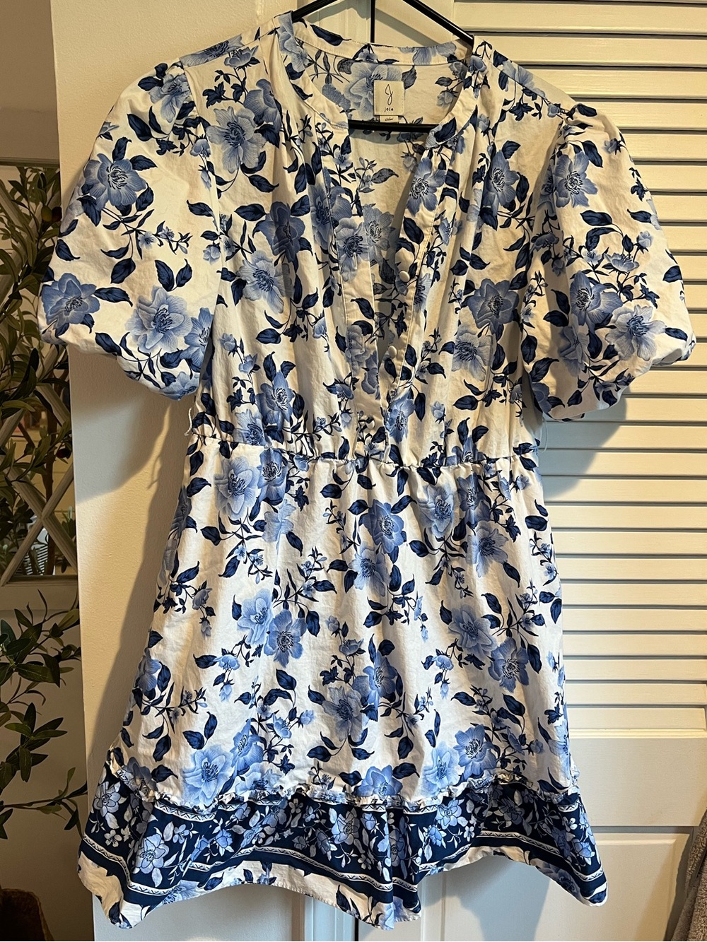 Joie Blue and White Floral Button-Up Puff Sleeve Dress